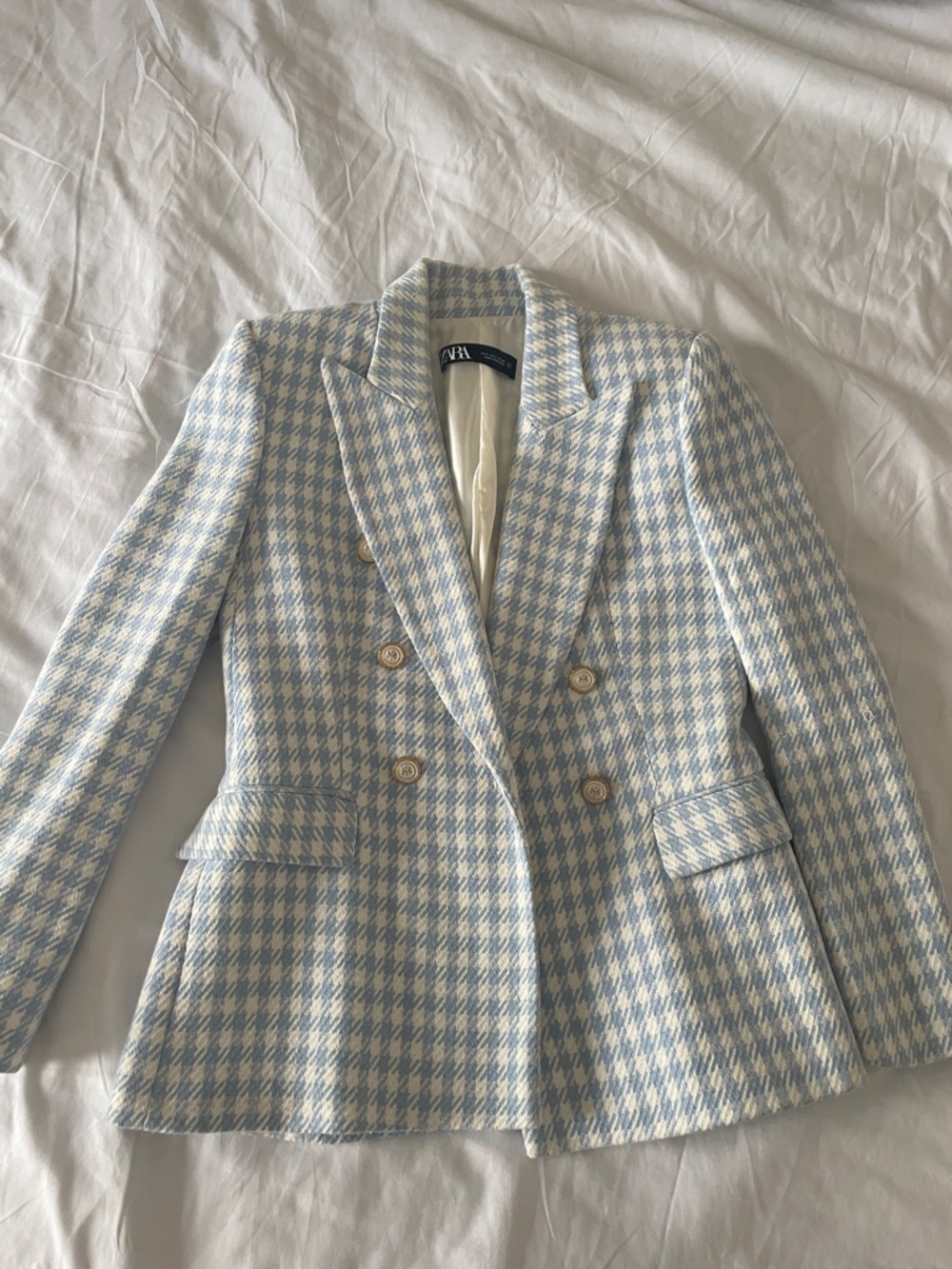 Zara Light Blue & Cream Houndstooth Double-Breasted Blazer